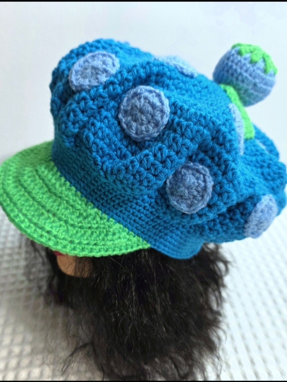 Handmade Blue and Green Crochet Wome's Hat with Pom-Pom ONE SIZE
